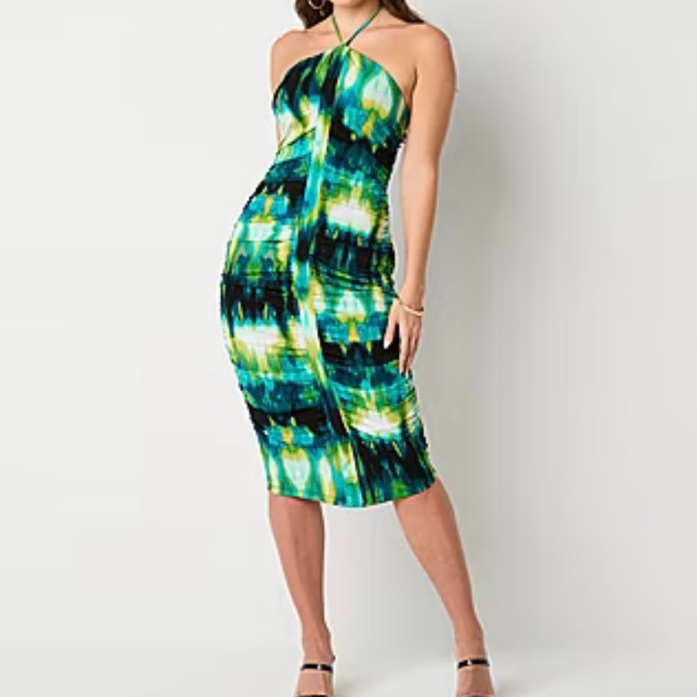 Bold Elements Strapless Ruching BodyCon Womens Dress Sz L Teal/Green Tie dye